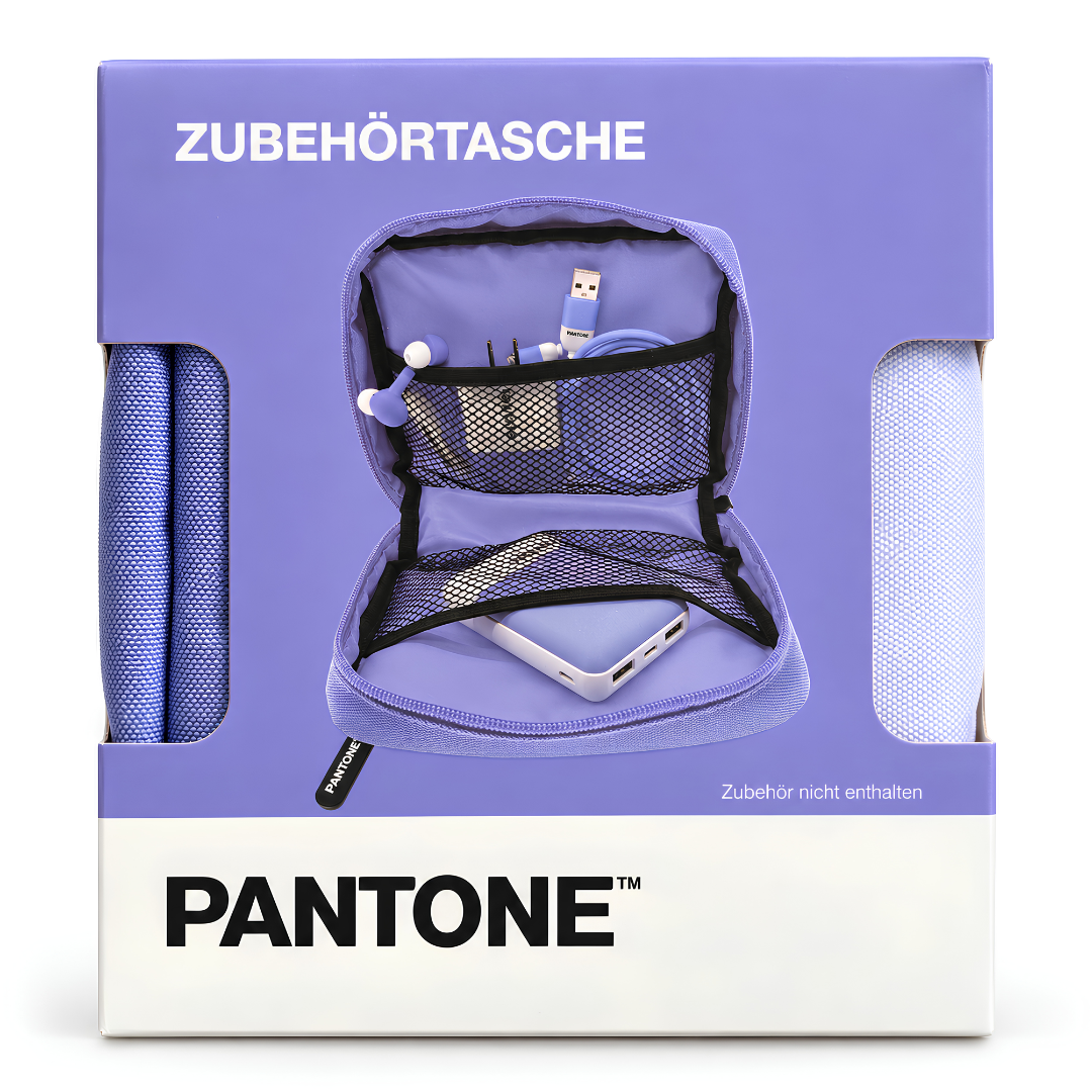 PANTONE purple travel organiser bag packaging showing internal mesh compartments.