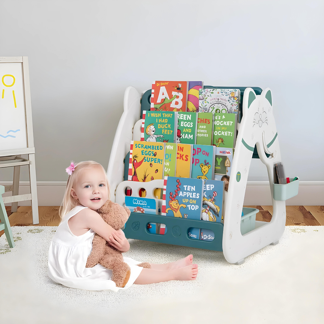 Multifunctional Magnetic Drawing Board with Bookshelf, Chair, and Accessories