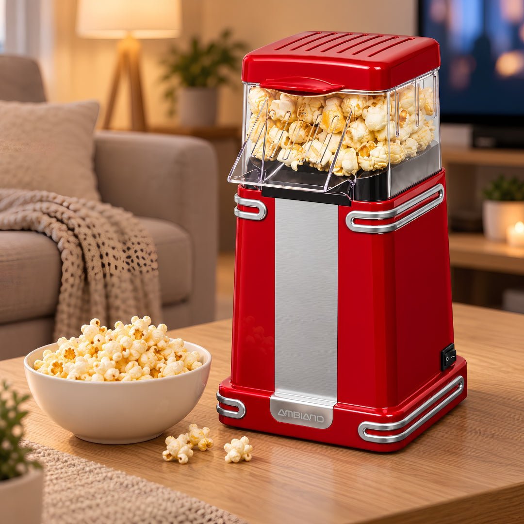 AMBIANO Retro hot air popcorn maker in red with silver accents and a clear popcorn chamber