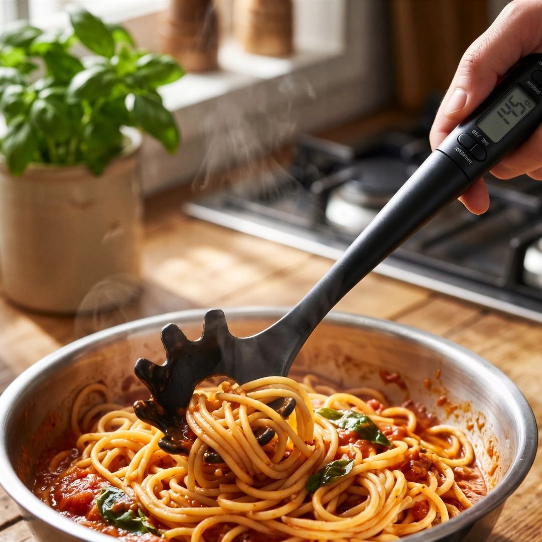 SILVERCREST black nylon pasta spoon with removable digital timer and spaghetti portion guide