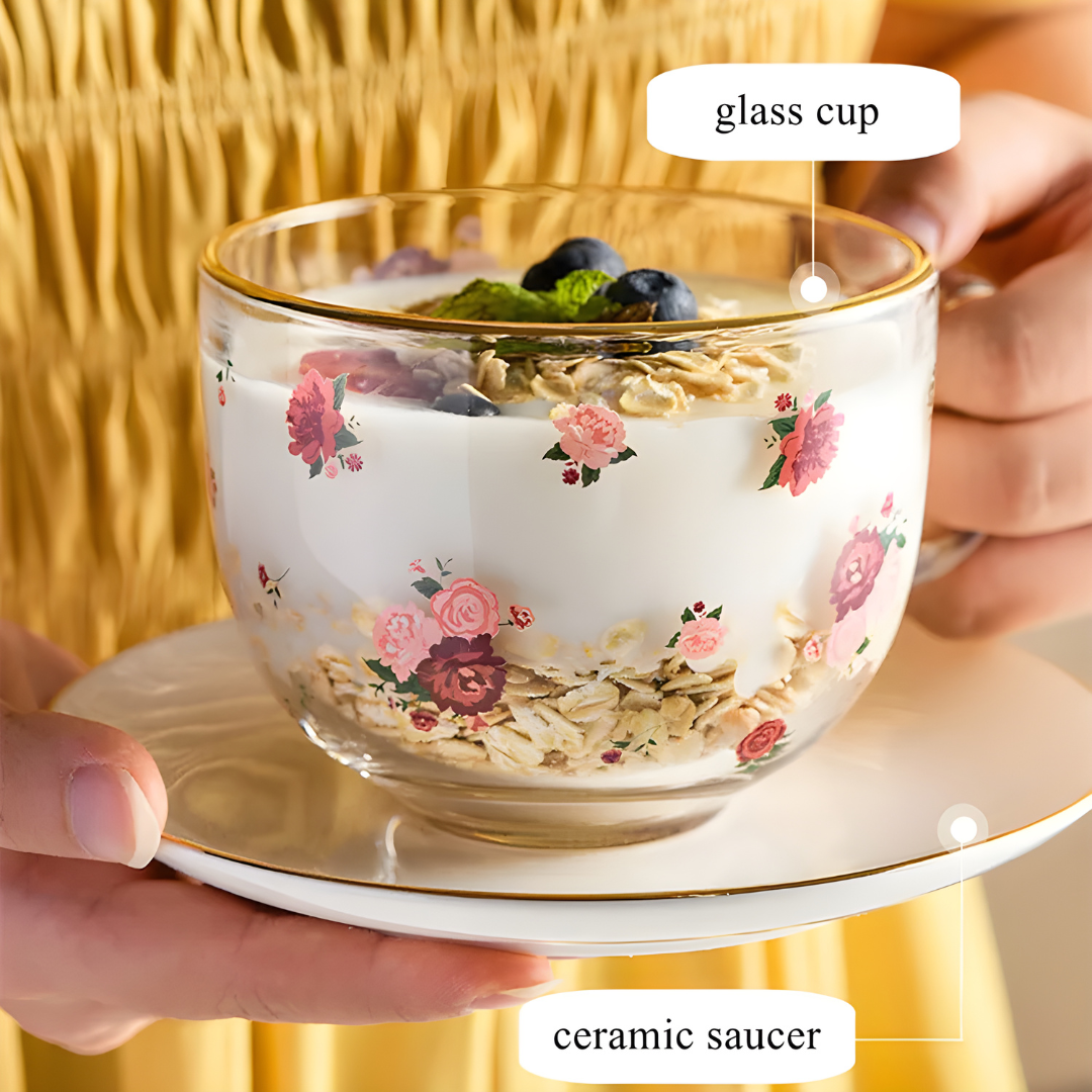 Elegant 470ml Glass Mug with Ceramic Saucer