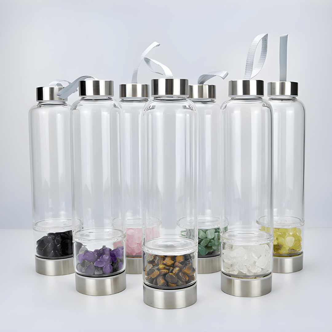 Crystal elixir glass water bottle with stainless steel lid and black protective neoprene case – 550ml