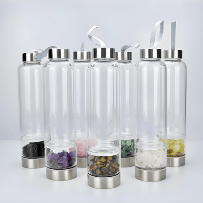 Crystal elixir glass water bottle with stainless steel lid and black protective neoprene case – 550ml