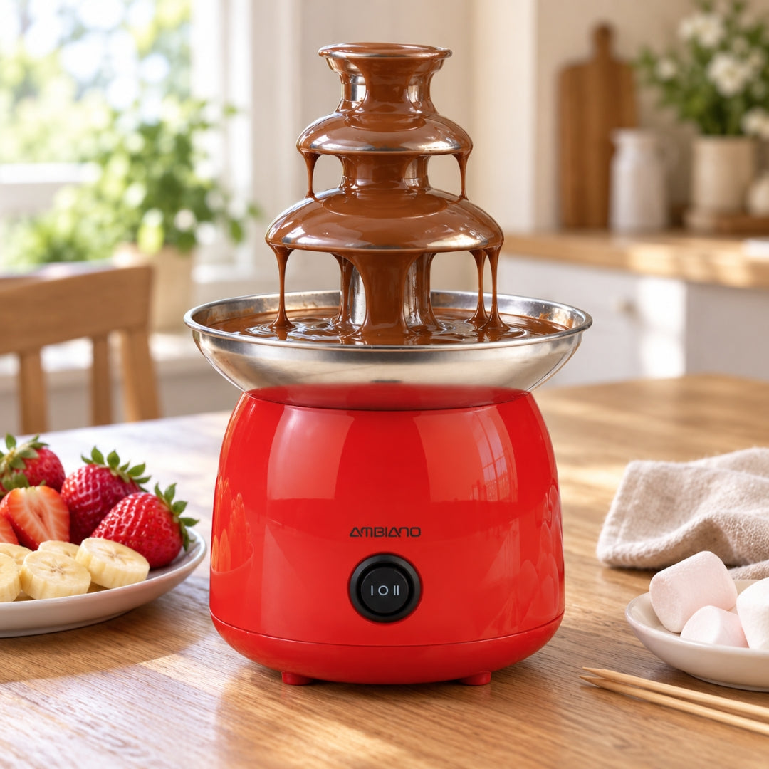 AMBIANO 3-tier chocolate fountain with stainless steel tower, collection bowl and red base