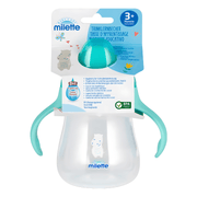 Milette baby training cup for ages 3 months and up, featuring blue handles, a protective blue cap, and a cute dinosaur illustration on a clear BPA-free bottle.