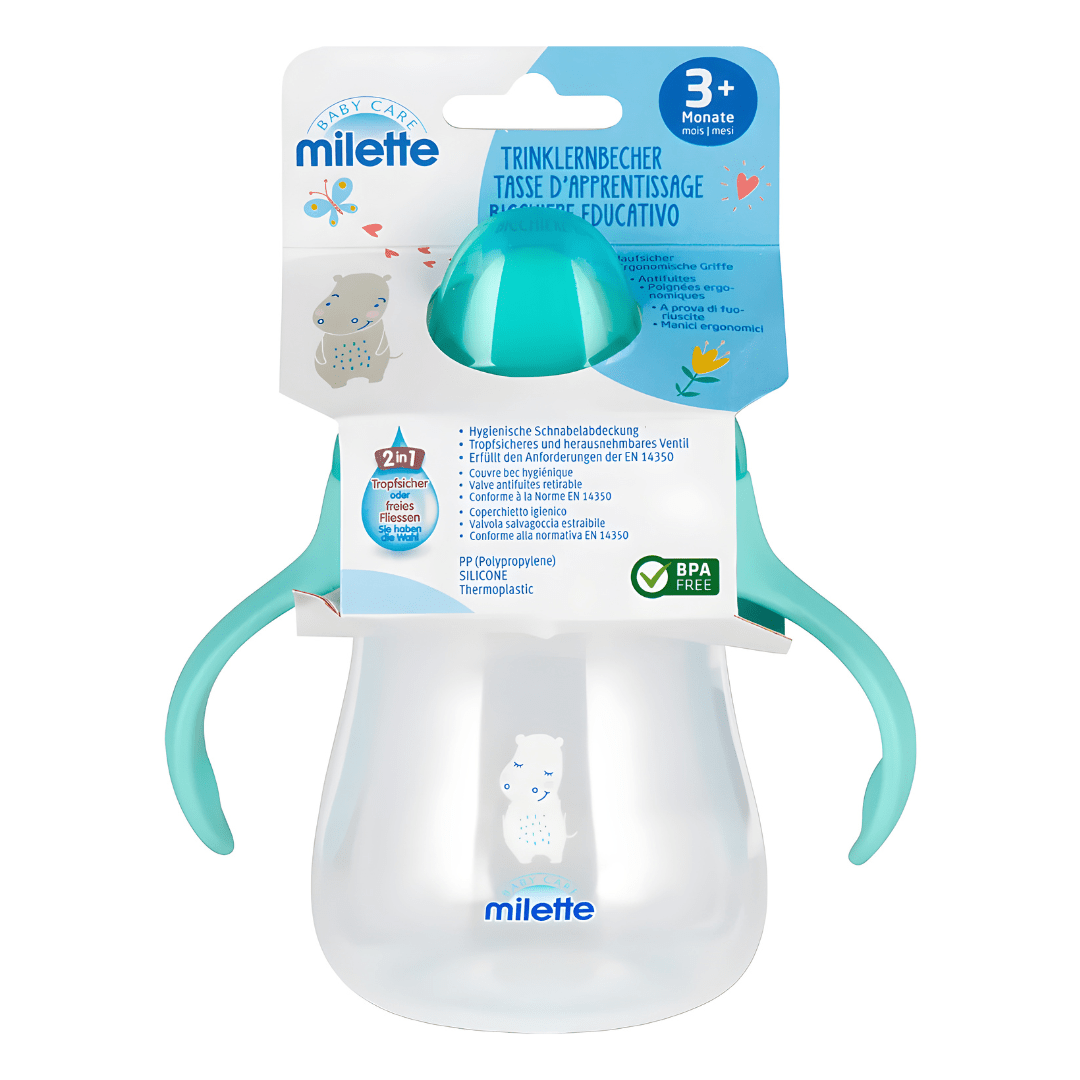 Milette baby training cup for ages 3 months and up, featuring blue handles, a protective blue cap, and a cute dinosaur illustration on a clear BPA-free bottle.