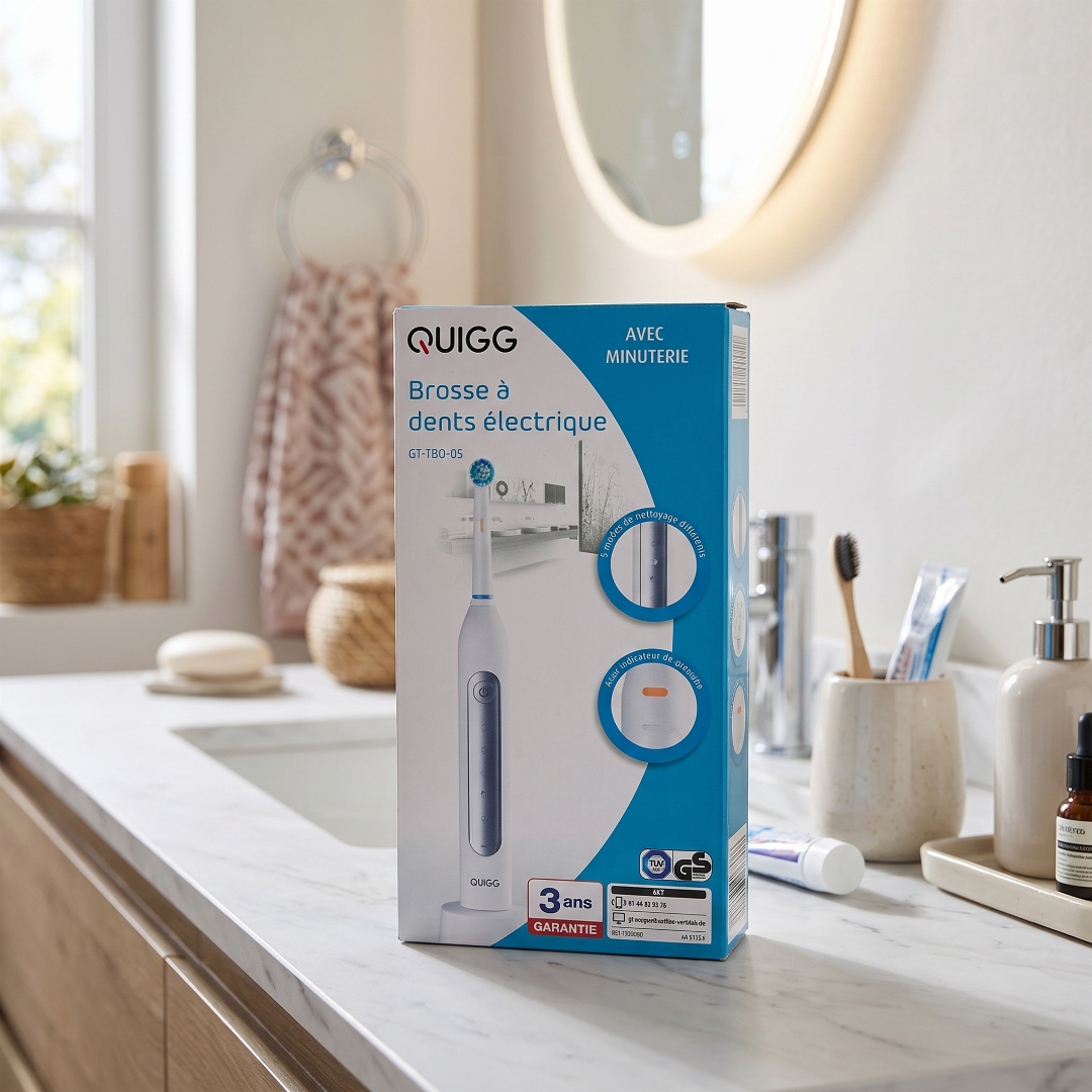 QUIGG GT-TBO-05 rechargeable electric toothbrush packaging showing five cleaning modes and a pressure indicator