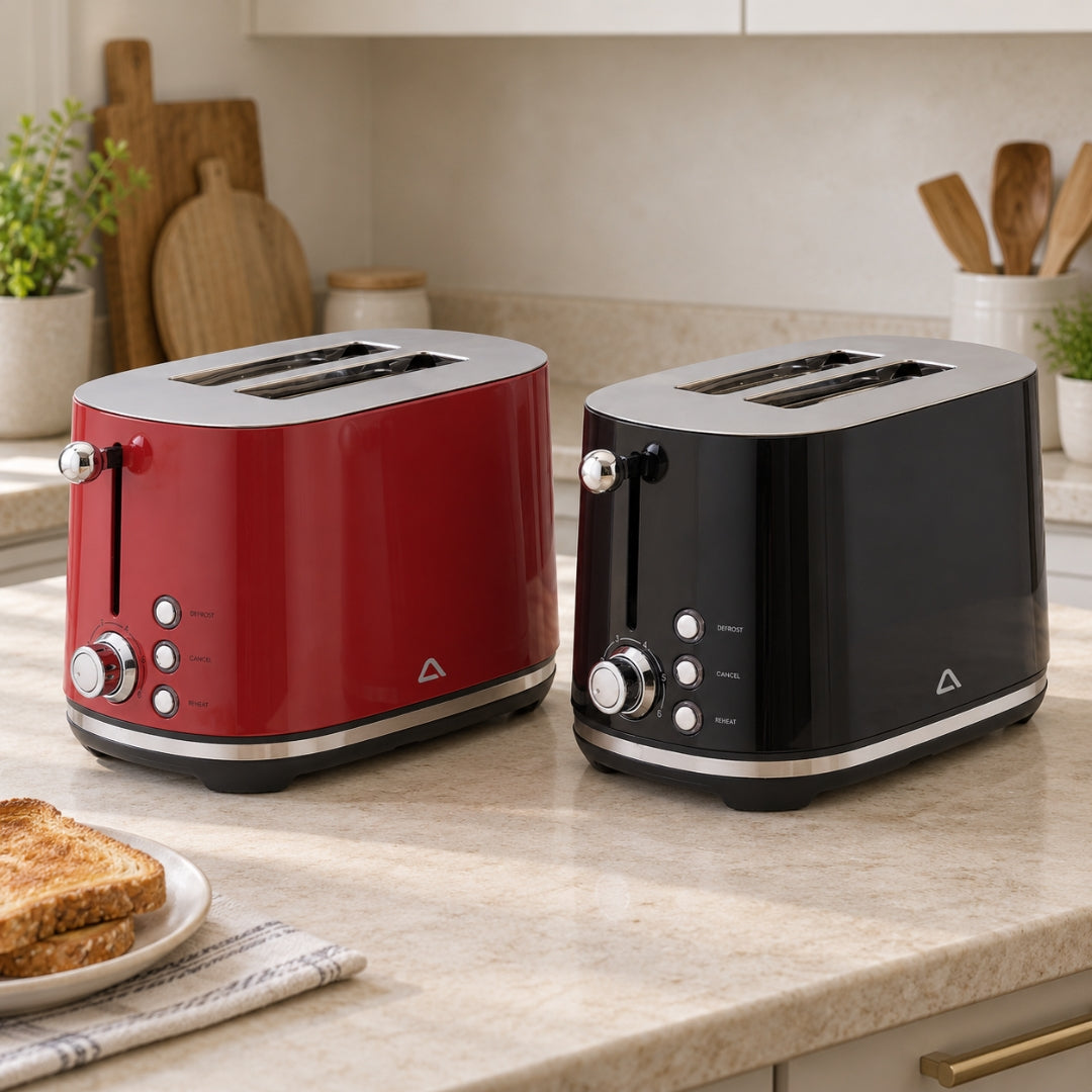 AMBIANO retro 2-slice toasters in red and black with silver trim, displayed side by side on a kitchen countertop.