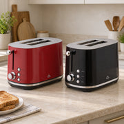AMBIANO retro 2-slice toasters in red and black with silver trim, displayed side by side on a kitchen countertop.