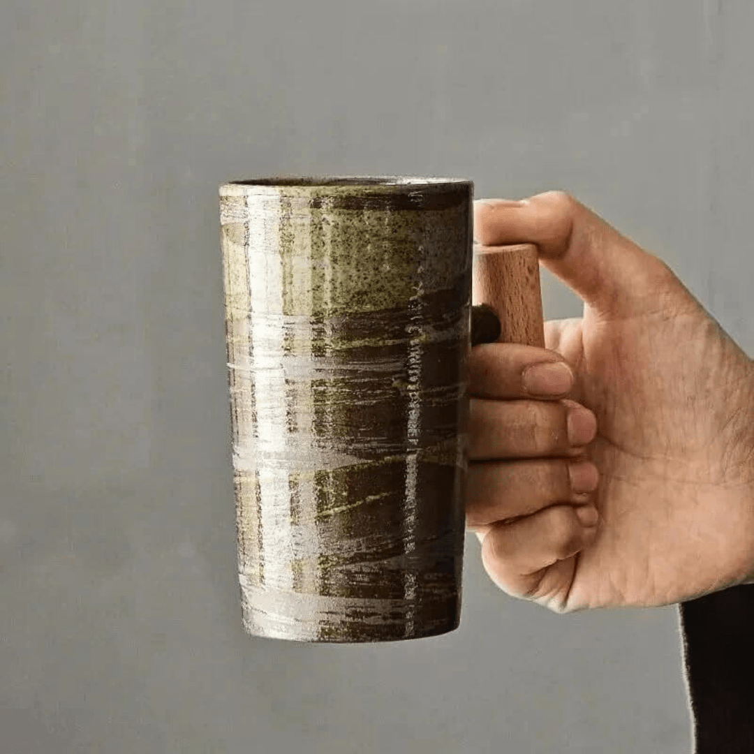 Nordic ceramic mug with wooden handle in Japanese style – 180ml handcrafted design