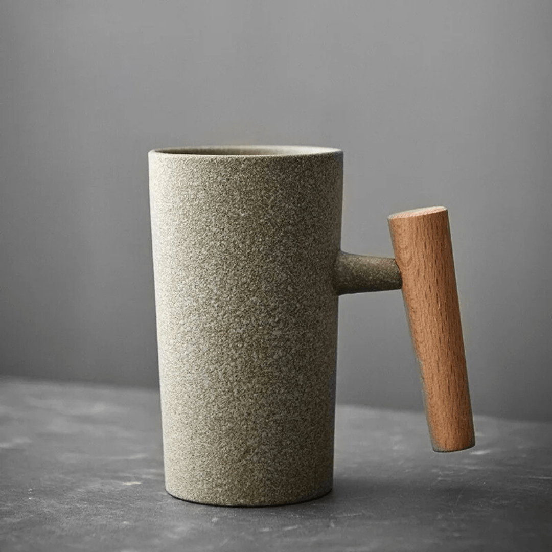 Nordic ceramic mug with wooden handle in Japanese style – 180ml handcrafted design