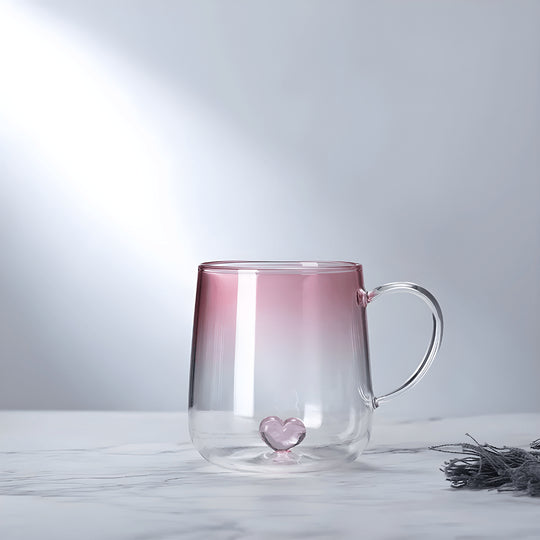 Transparent borosilicate glass cups with pink and blue heart designs, featuring gradient color and elegant handles – 400ml capacity.

