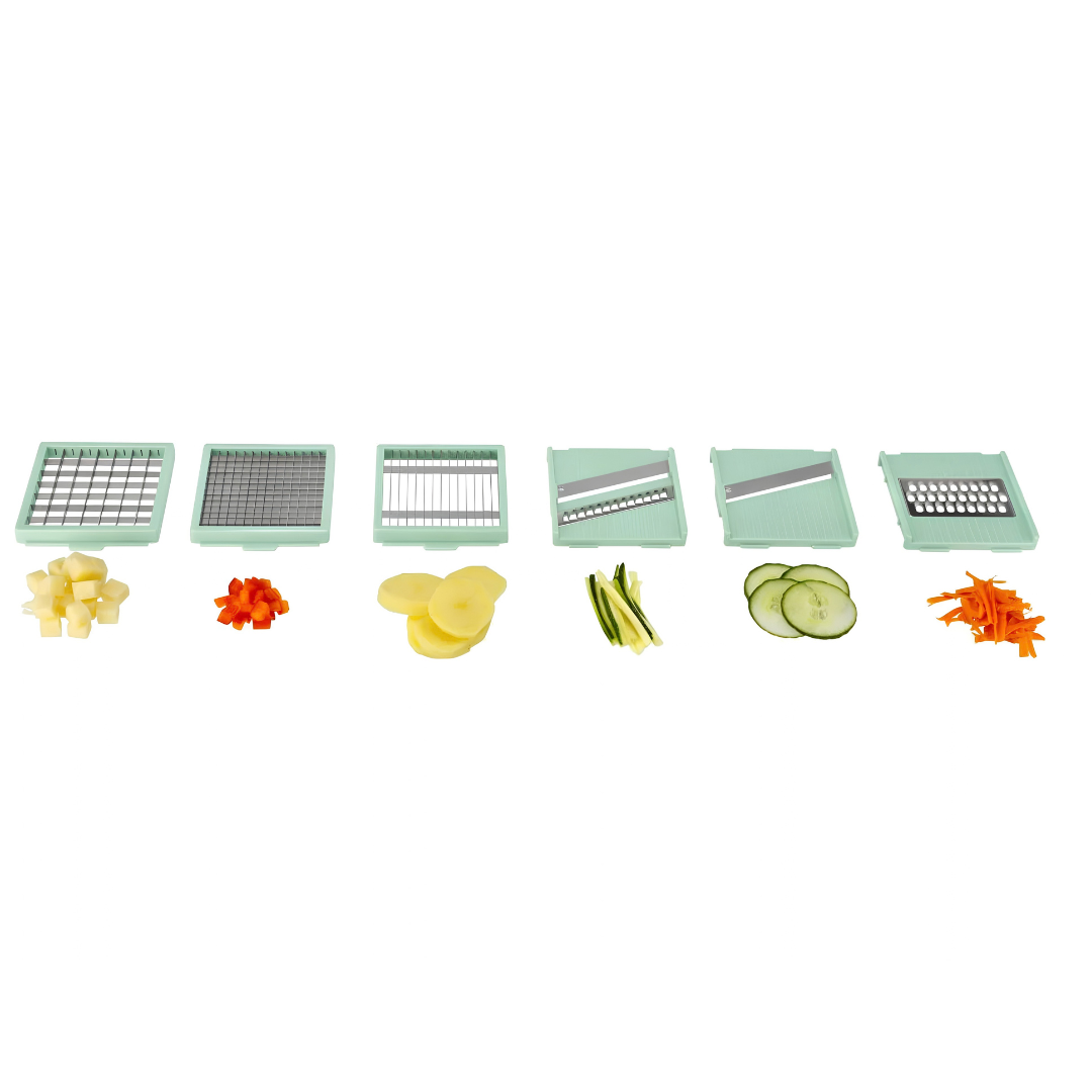 Livarno Home 6-in-1 multifunction vegetable chopper and mandoline slicer box showing interchangeable blades and features, available for delivery in Lebanon.