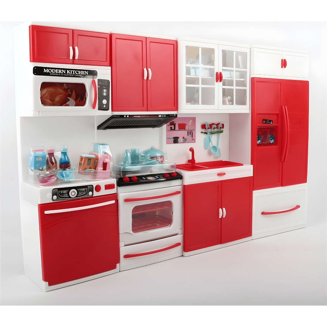 4-piece red and white toy kitchen playset with stove, fridge, and sink for Barbie dolls, featuring interactive light and sound buttons.