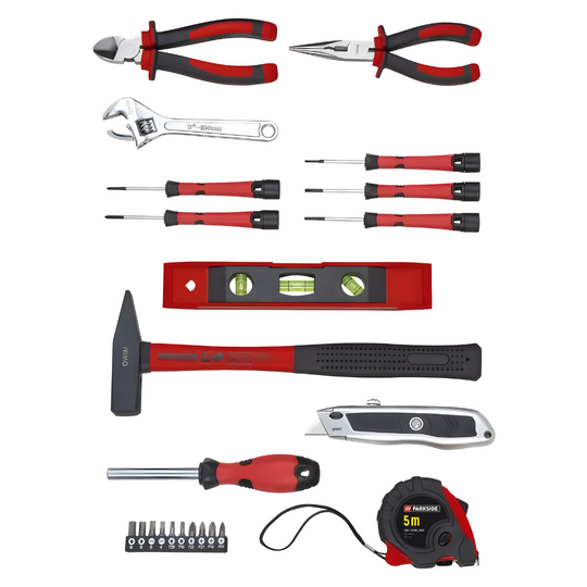 PARKSIDE® 23-piece tool set with pliers, screwdrivers, hammer, wrench, and tape measure in a compact storage bag for home and DIY repairs.