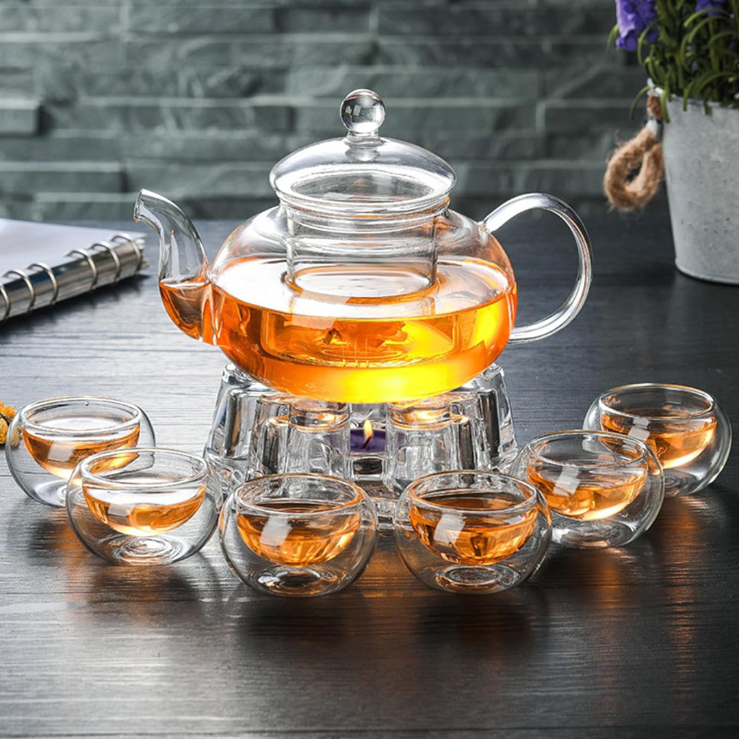 600ml Glass Tea Pot With Glass Cups Warmer High Borosilicate Glass