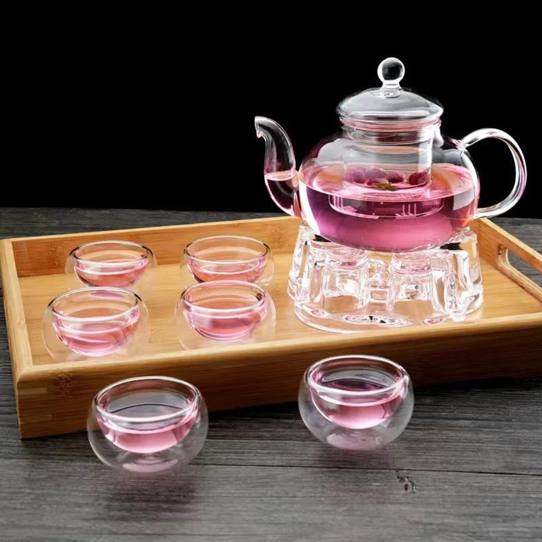 600ml Glass Tea Pot With Glass Cups Warmer High Borosilicate Glass