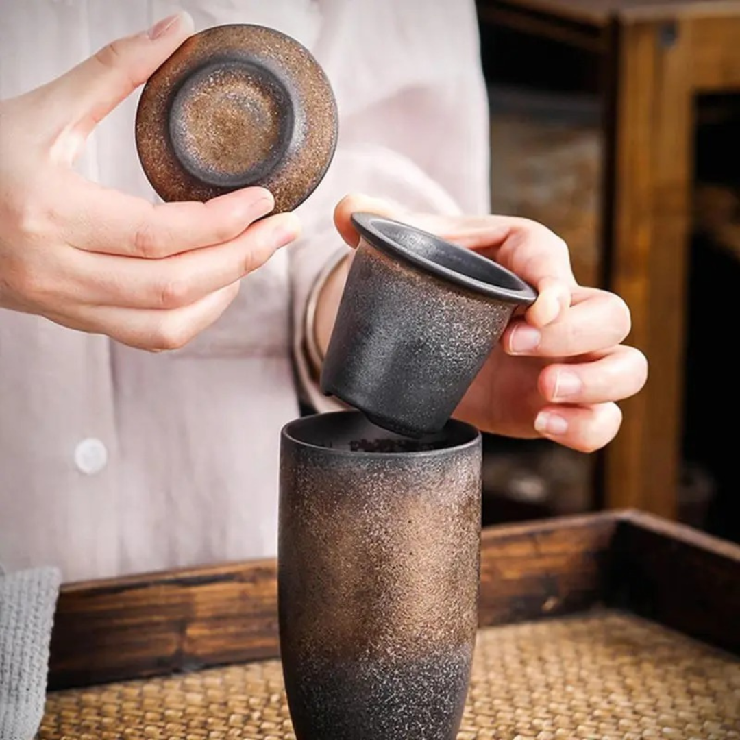 Japanese Style Stoneware Filter Tea Cup With Lid 225ML