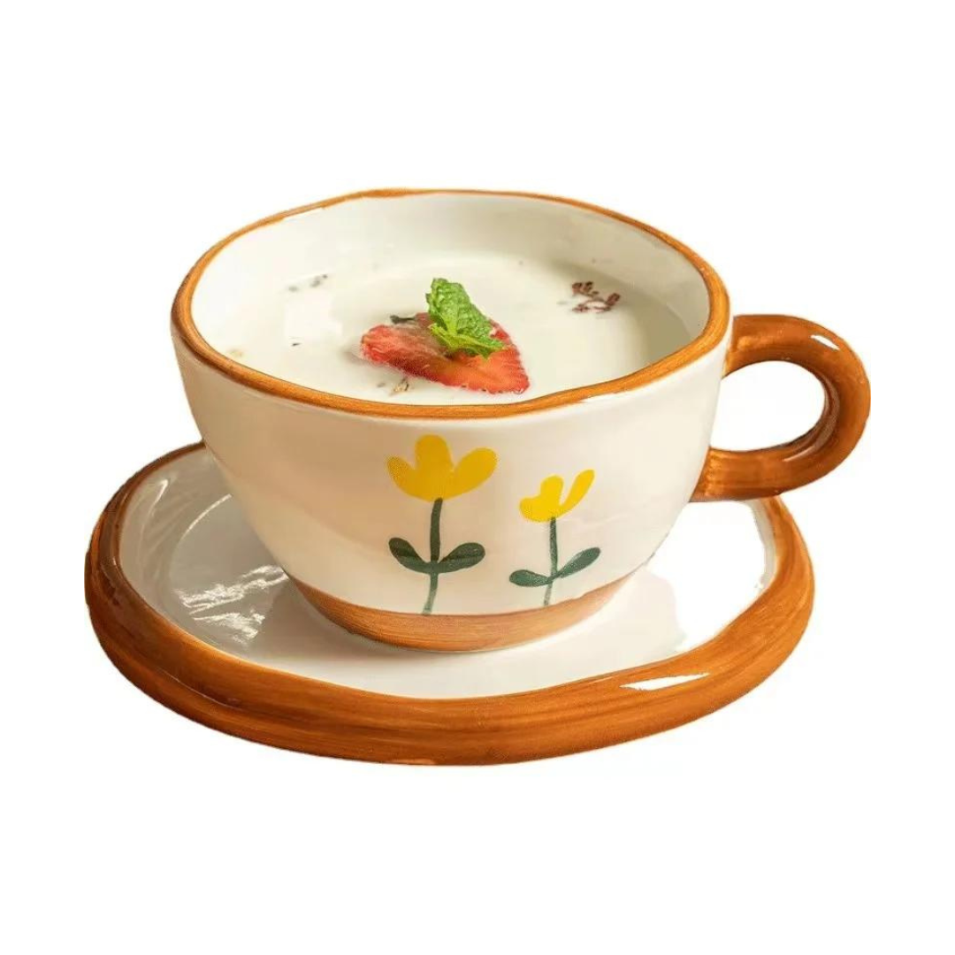 Beautiful Hand Painted korean Style Ceramic Coffee Cup With Saucer 250ML