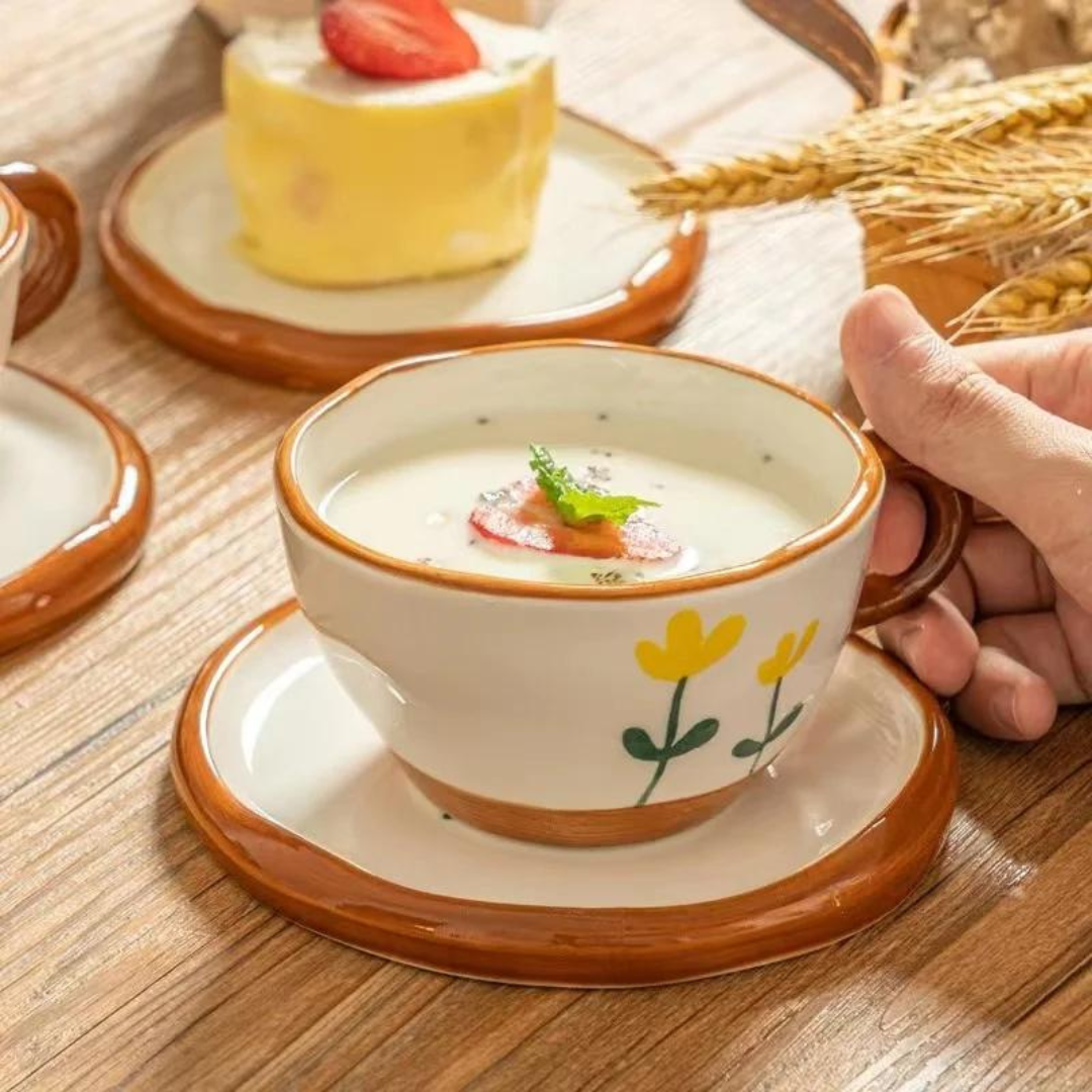 Beautiful Hand Painted korean Style Ceramic Coffee Cup With Saucer 250ML