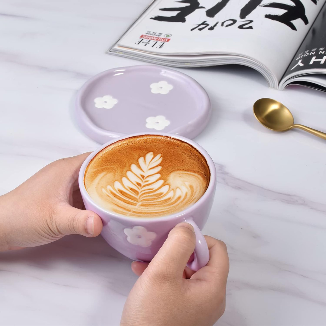 Irregular Hand-painted 250ml Flowers Ceramic Coffee Cup with Saucer