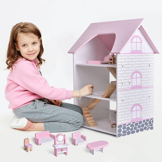 Houten poppenhuis met houten meubels, 23 stuks accessoires