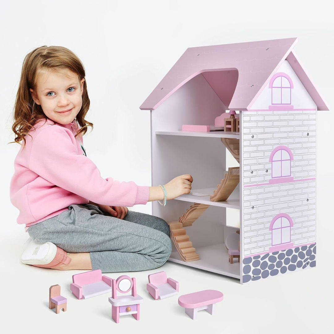 Wooden Dollhouse with Wooden Furniture , 23 PCs Accessories