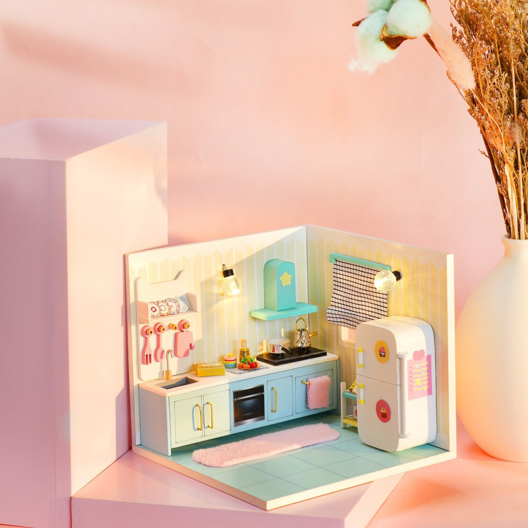 DIY Cute Style Kitchen Miniature Kit with Furniture And Led Light