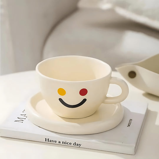 Korean-style ceramic cup with yellow smile design – hand-painted 260ml mug for joyful mornings in Lebanon