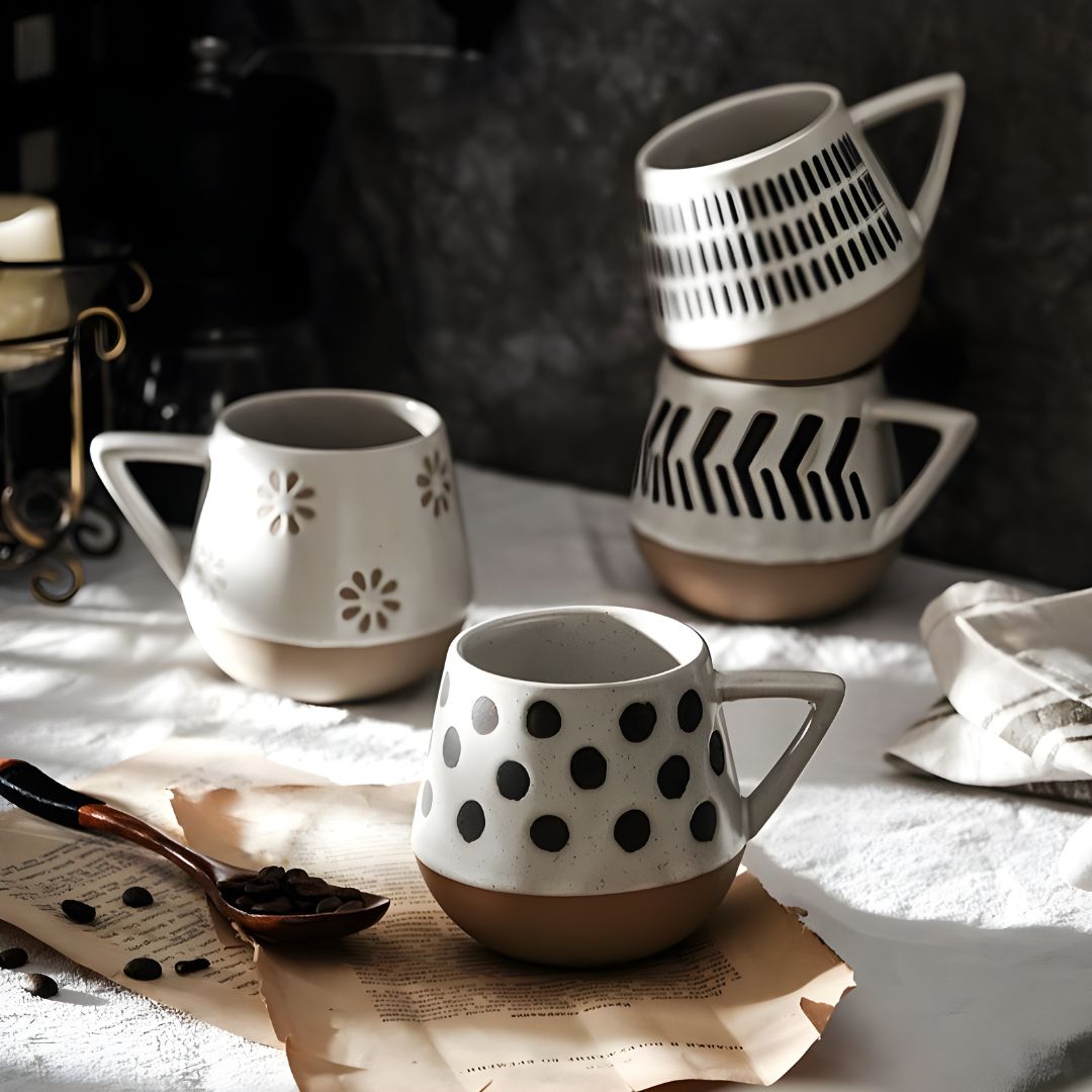 Handmade 300ml stoneware coffee mug with polka dot design – premium ceramic cup for tea or coffee, durable & stylish, available in Beirut Lebanon.