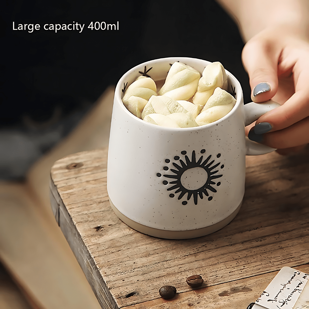 Handmade 300ml stoneware coffee mug with polka dot design – premium ceramic cup for tea or coffee, durable & stylish, available in Beirut Lebanon.