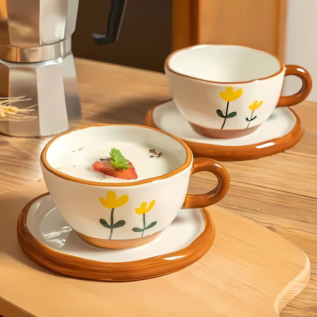 Beautiful Hand Painted korean Style Ceramic Coffee Cup With Saucer 250ML