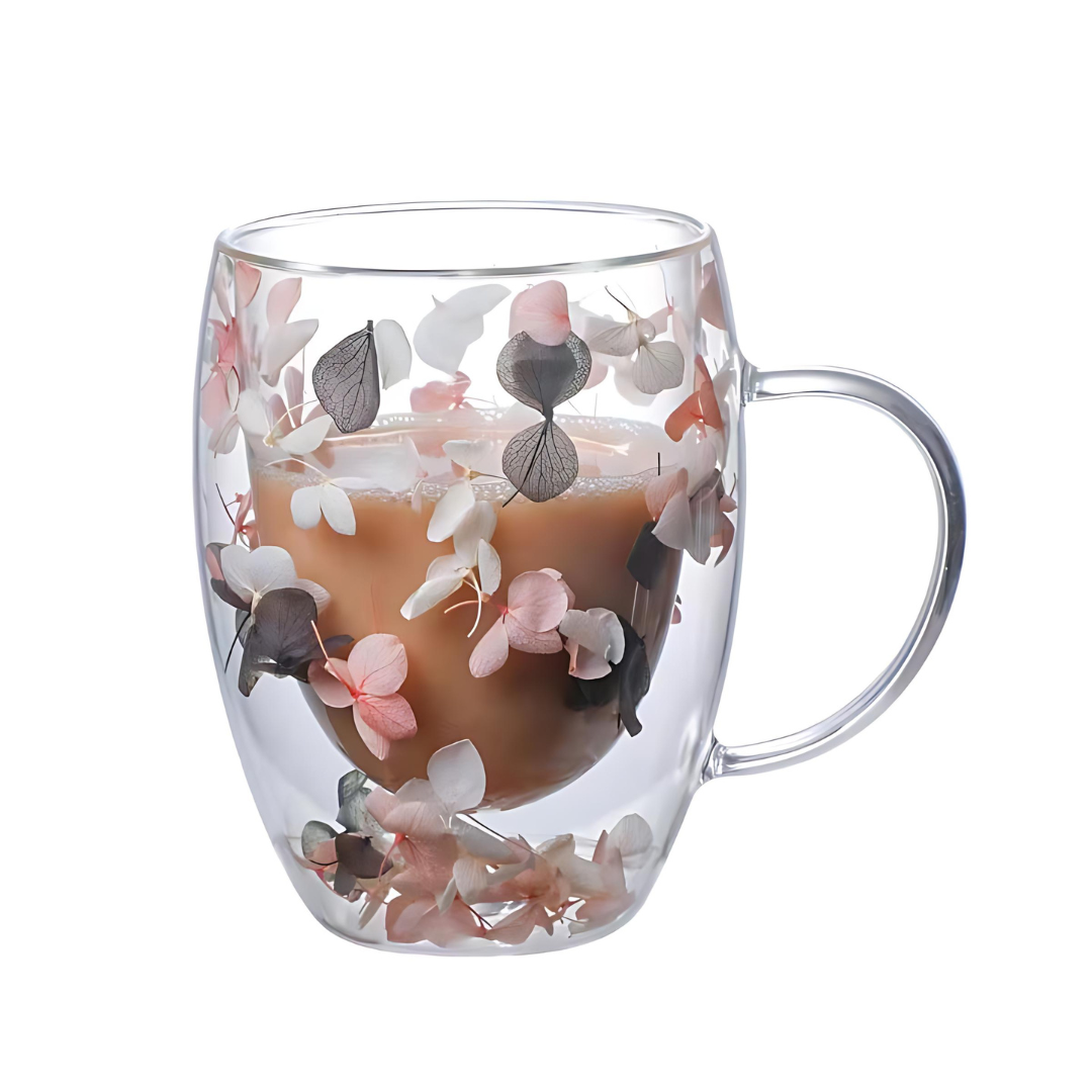 Aesthetic Dried Flower Glass , Double Wall Glass 350ml