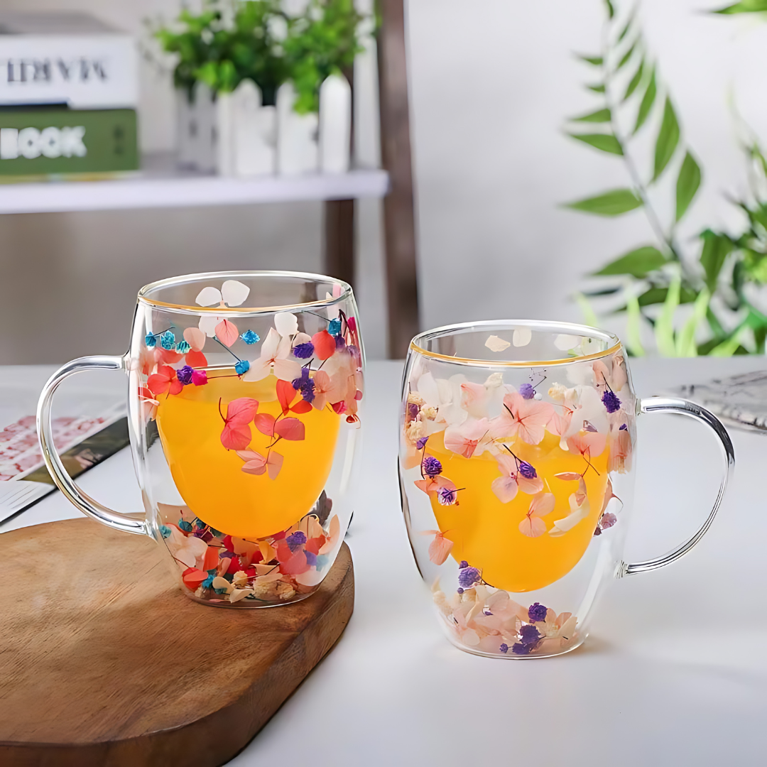 Aesthetic Dried Flower Glass , Double Wall Glass 350ml