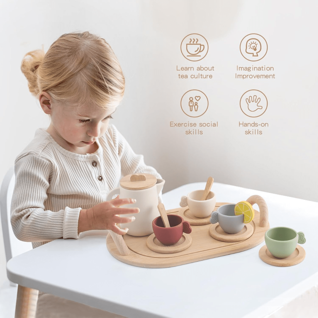 Wooden toy tea party set for kids – 13-piece BPA-free silicone and wood play tea set in Morandi soft tones, safe and fun pretend play gift available in Beirut Lebanon