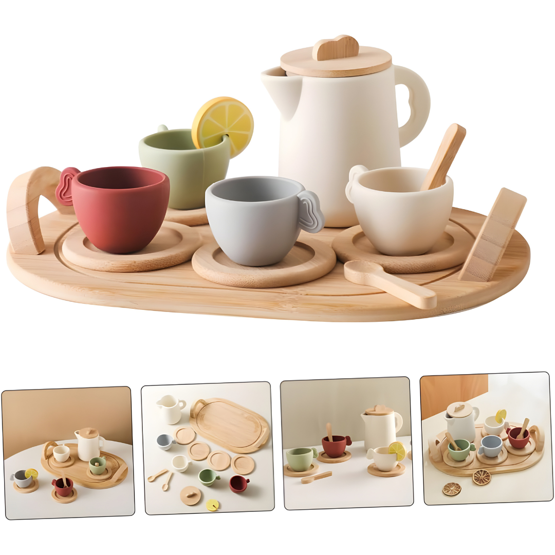 Wooden toy tea party set for kids – 13-piece BPA-free silicone and wood play tea set in Morandi soft tones, safe and fun pretend play gift available in Beirut Lebanon