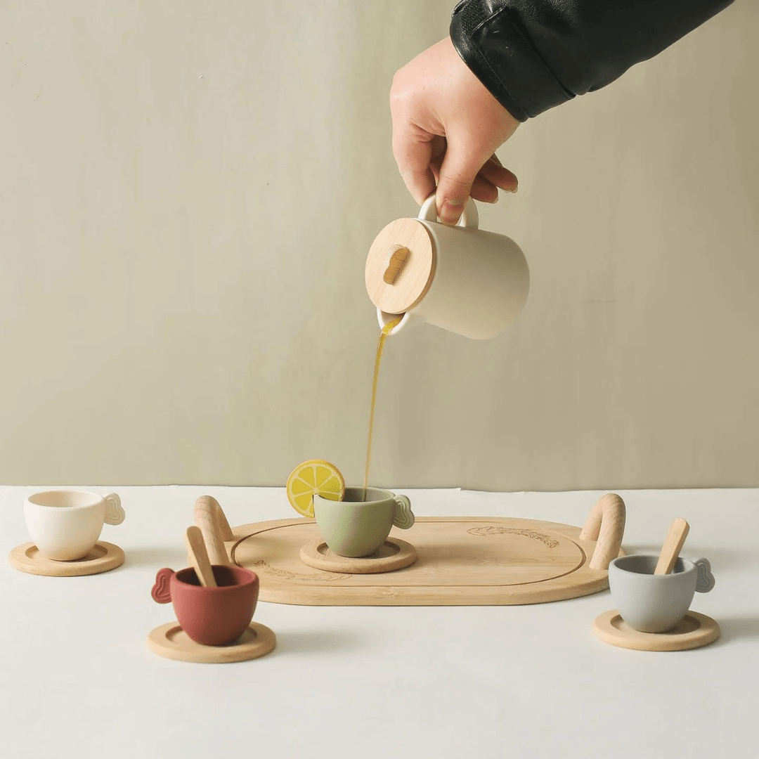 Wooden toy tea party set for kids – 13-piece BPA-free silicone and wood play tea set in Morandi soft tones, safe and fun pretend play gift available in Beirut Lebanon