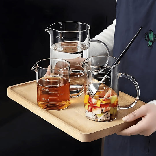 Maatbeker met dubbele wand van borosilicaatglas en houten deksel, 350 ml/500 ml/1 l