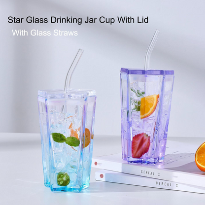 Gradient Star Glass Tumbler: 275ml Mug with Lid & Straw for Coffee, Juice, and Milk