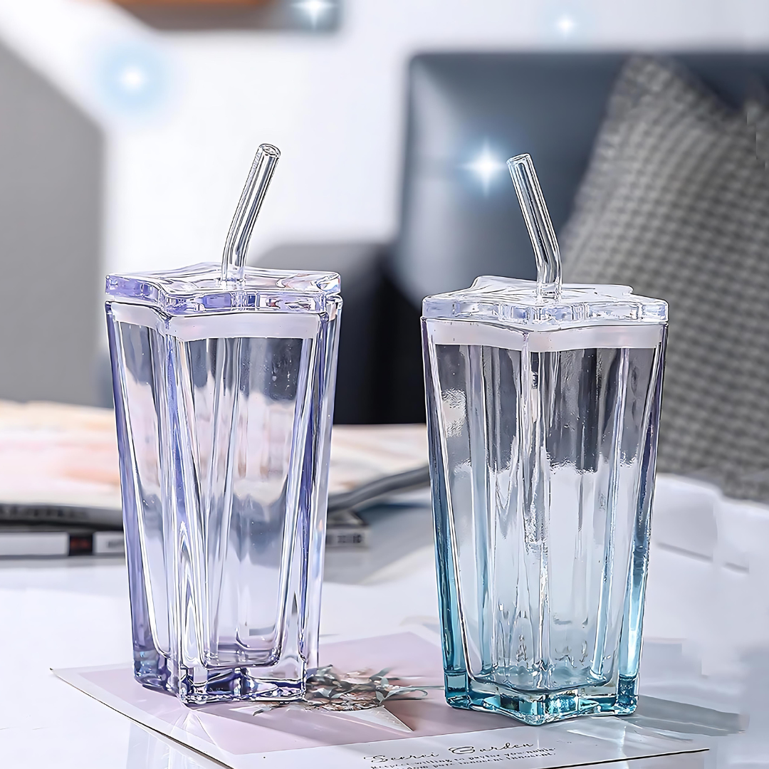 Gradient Star Glass Tumbler: 275ml Mug with Lid & Straw for Coffee, Juice, and Milk