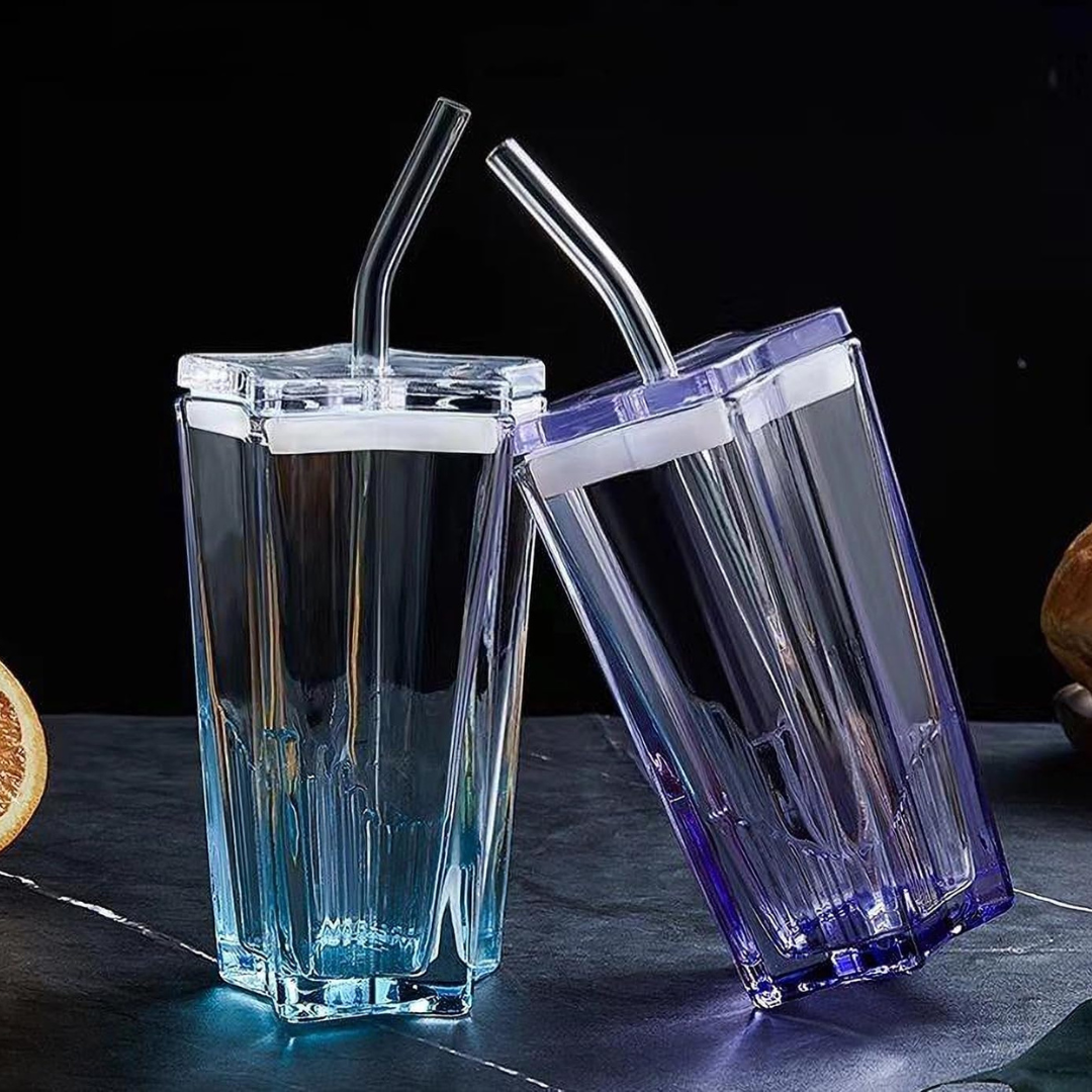 Gradient Star Glass Tumbler: 275ml Mug with Lid & Straw for Coffee, Juice, and Milk