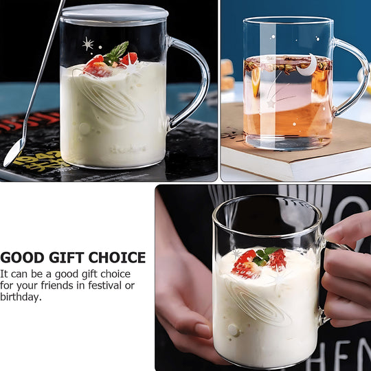 Sterrenhemel lichtgevende creatieve heldere glazen beker 450 ml met deksel en lepel