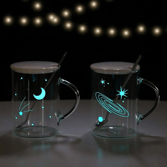 Sterrenhemel lichtgevende creatieve heldere glazen beker 450 ml met deksel en lepel