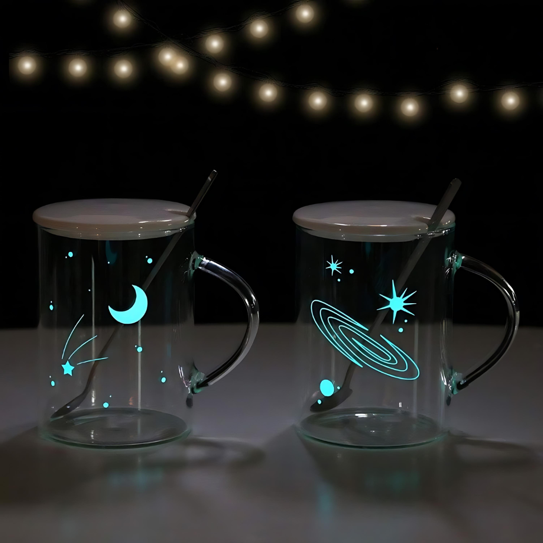 Starry Sky Luminous Creative Clear Glass Cup 450ML With Lid And Spoon