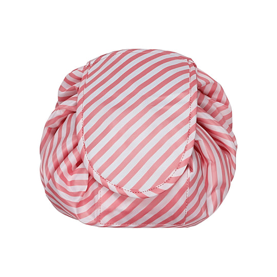 Pink striped TOPMOVE German-made foldable makeup bag with drawstring.