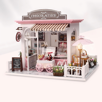 DIY Chocolatier Wooden Miniature Dollhouse Kit with LED Light | European House Hold