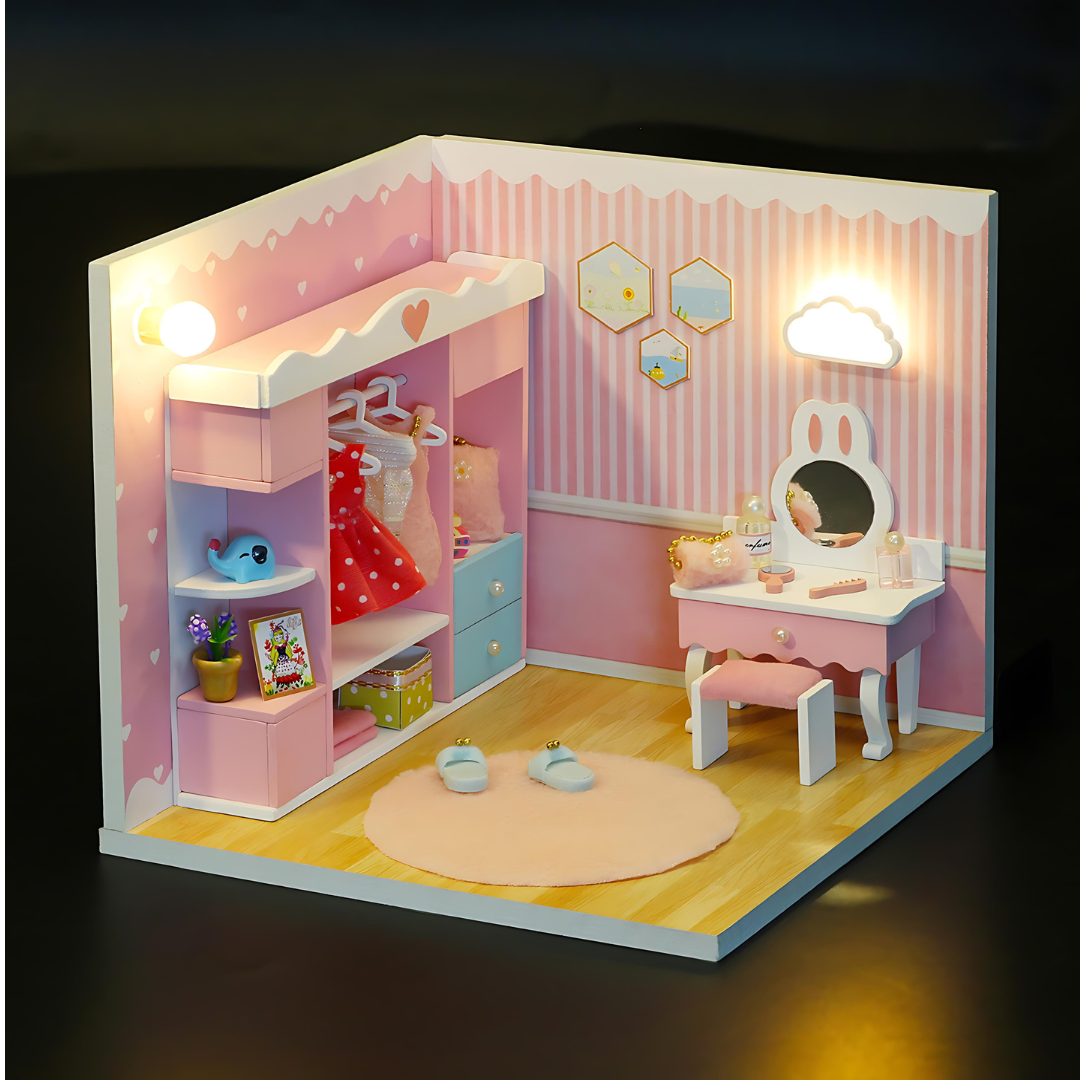 DIY 3d Wooden Miniature Children's Pink Dream Princess Room With LED Light