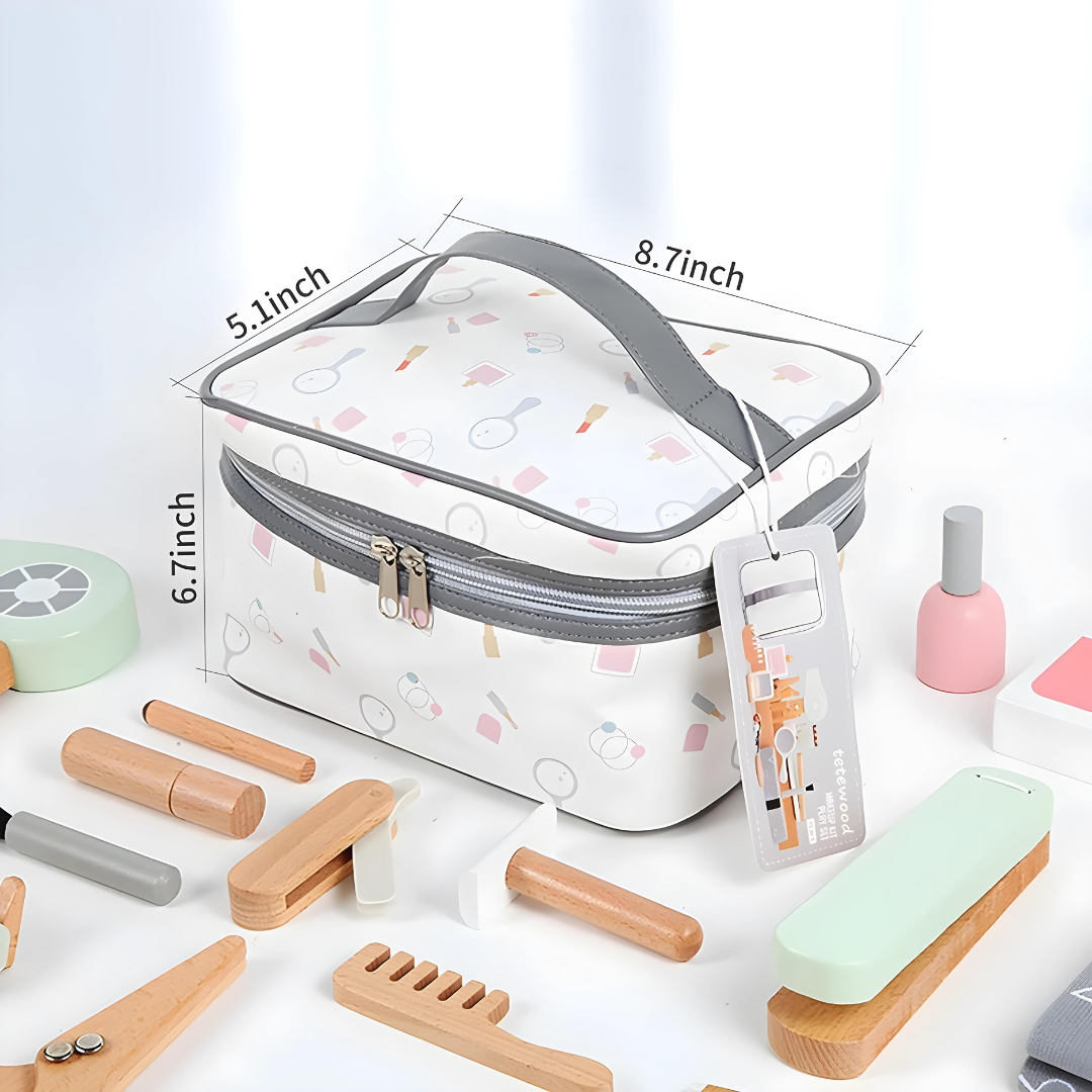 Wooden Makeup Toy Set for Kids With Cosmetic Bag