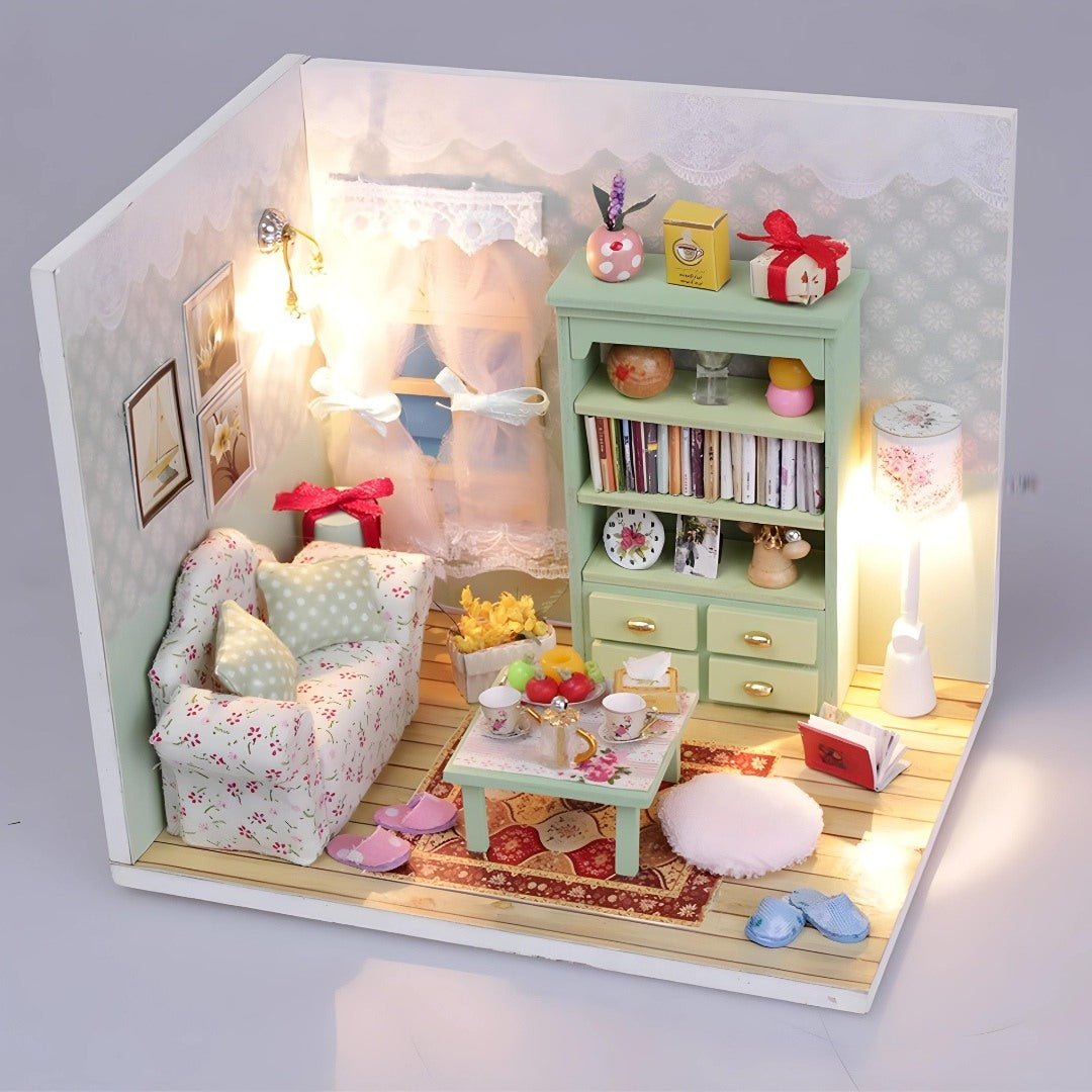 DIY wooden family hall dollhouse kit with LED light – perfect for home décor and gifts in Beirut, Lebanon