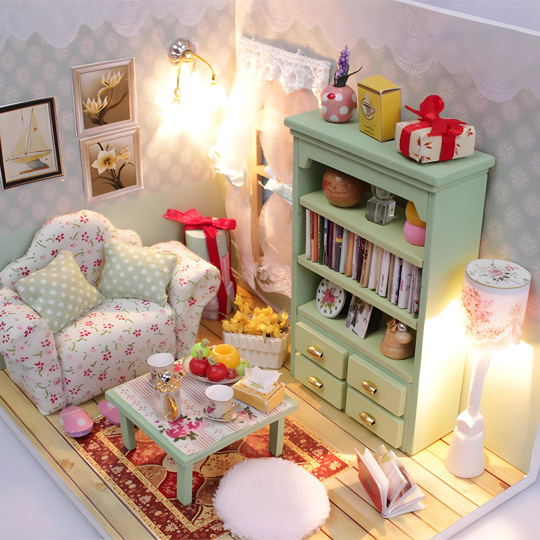 DIY Wooden Family Hall Miniature Dollhouse Kit With LED Light